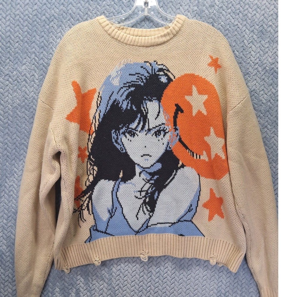 PacSun Anime Girl Graphic Distressed '97 til Cropped Sweater Tan M Halloween